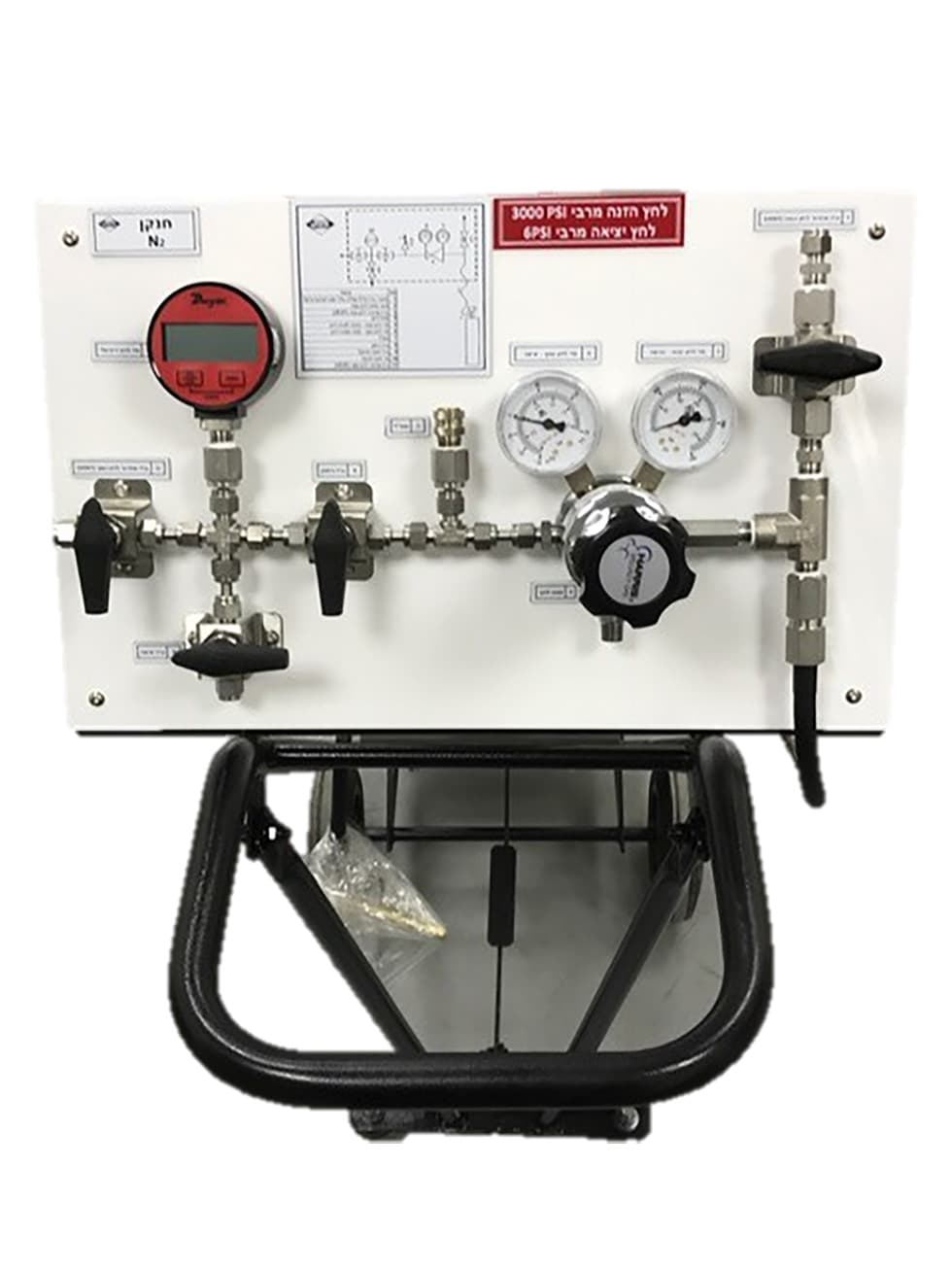White panel with a digital pressure gauge and a red warning sign, on a mobile frame